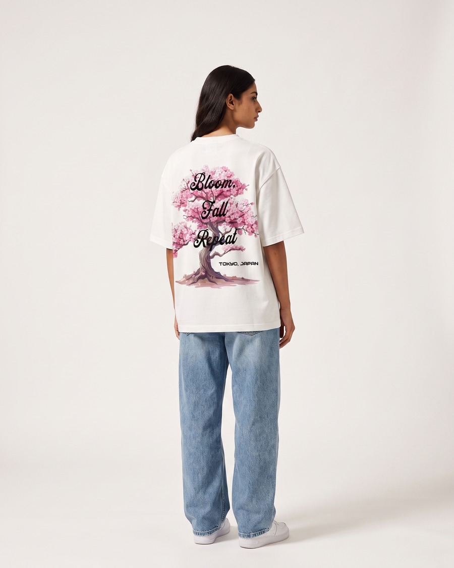 Tokyo Sakura oversized tee in white, cherry blossom back print, view 8