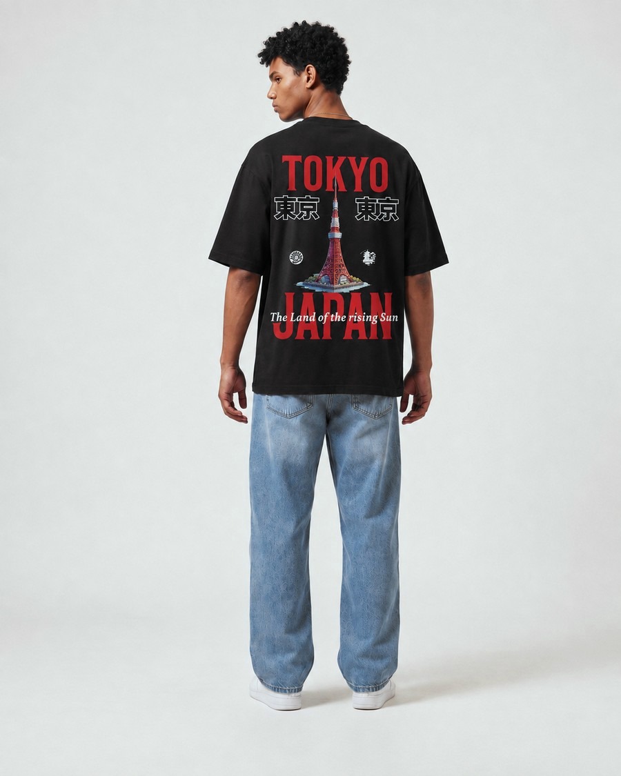Tokyo City oversized tee in black, Tokyo Japan back print, view 4