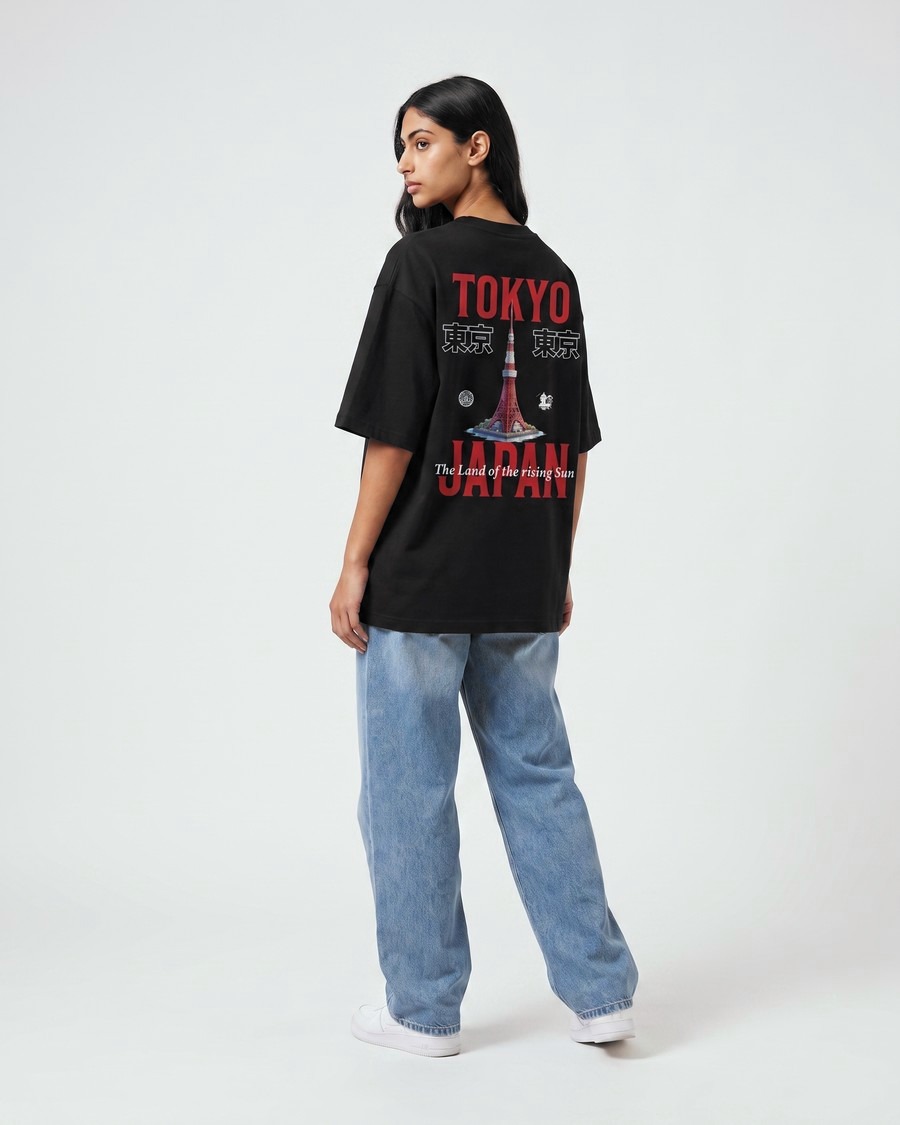 Tokyo City oversized tee in black, Tokyo Japan back print, view 8