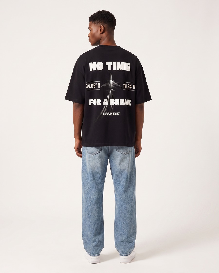 In Transit oversized tee in black, No Time For A Break back print, view 4
