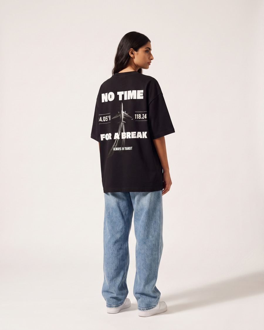 In Transit oversized tee in black, No Time For A Break back print, view 8