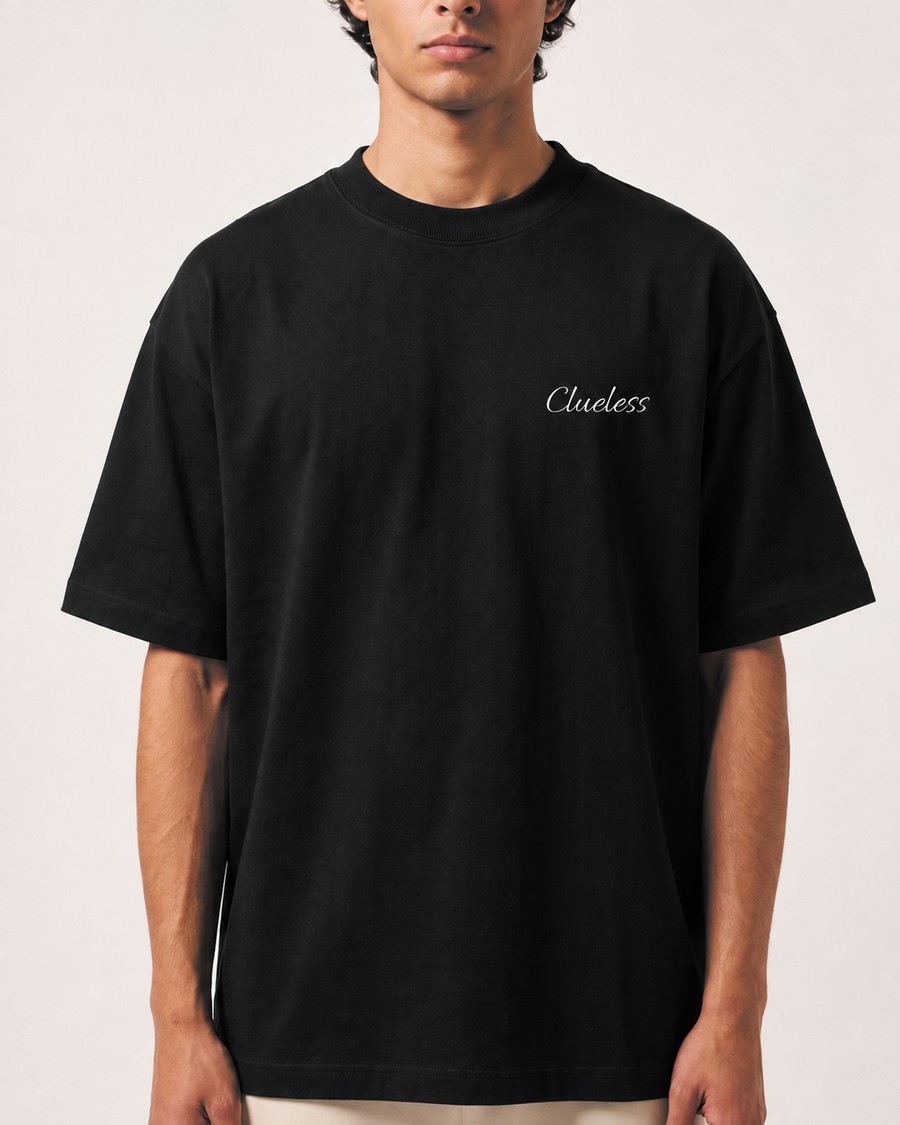 Warning oversized tee in black, skull back print, view 1