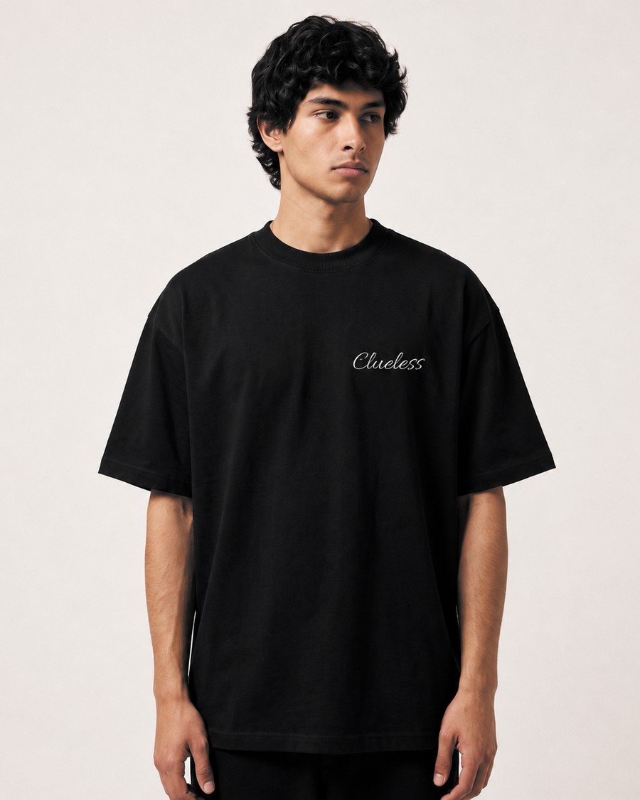 Warning oversized tee in black, skull back print, view 2
