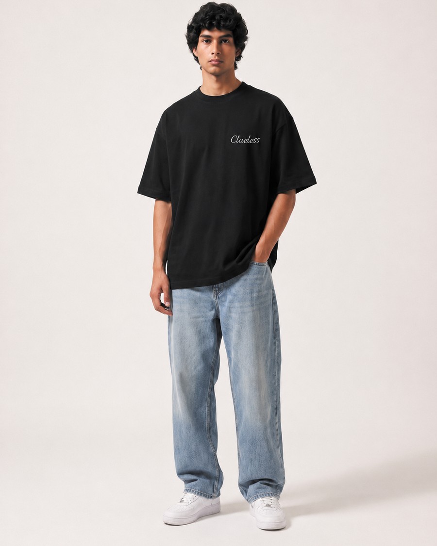 Warning oversized tee in black, skull back print, view 3