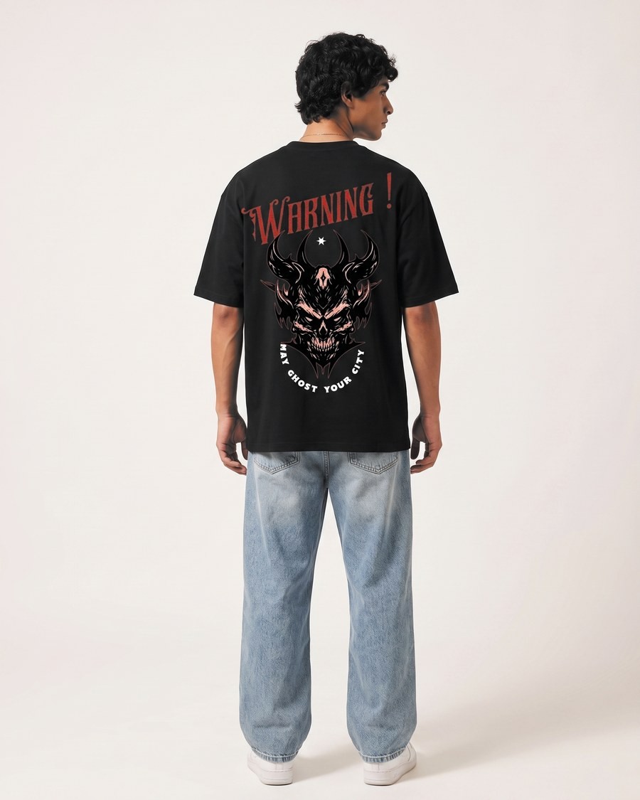 Warning oversized tee in black, skull back print, view 4