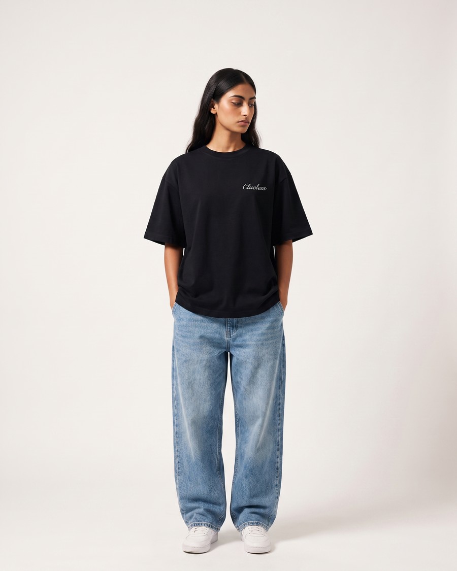 Warning oversized tee in black, skull back print, view 6