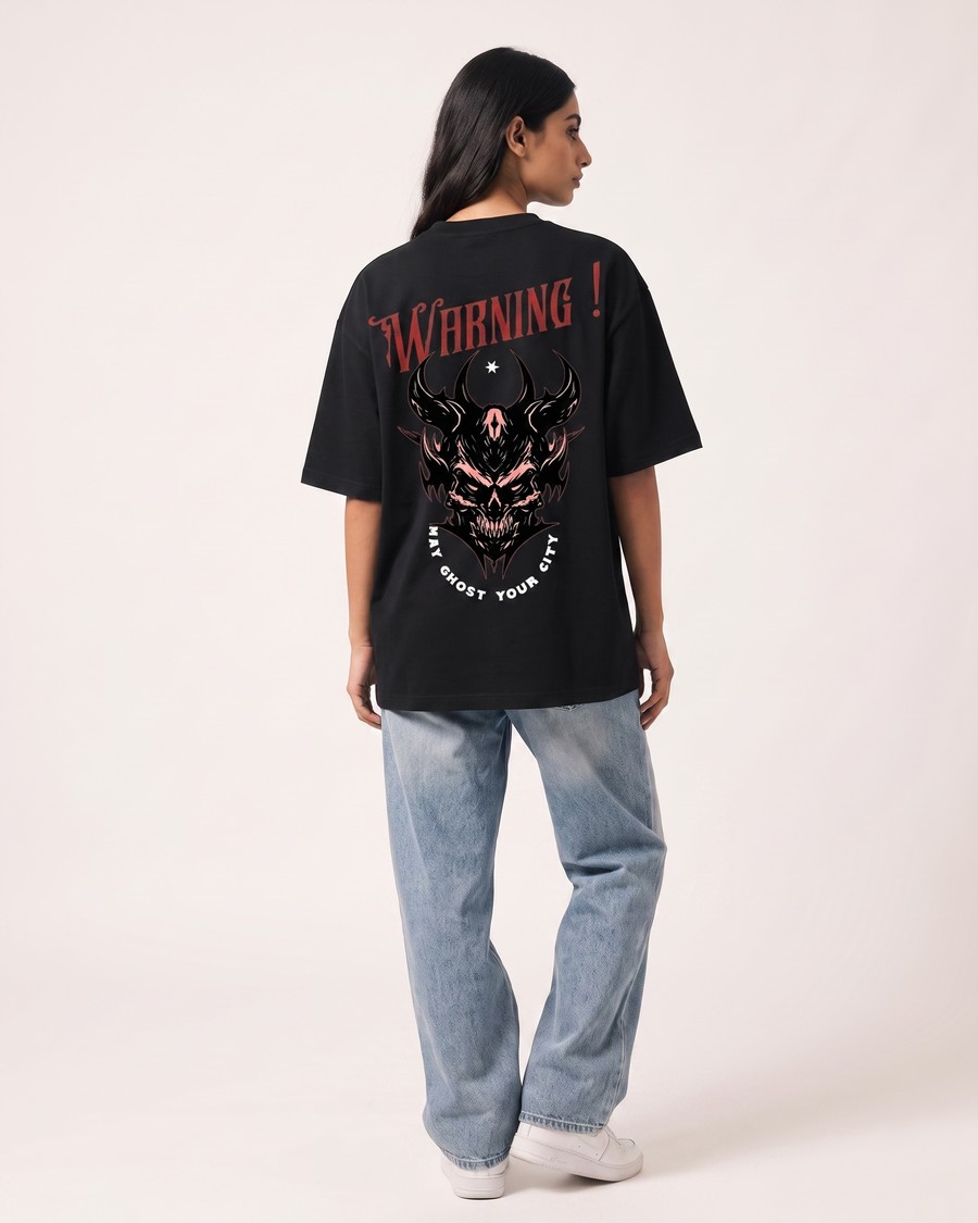 Warning oversized tee in black, skull back print, view 8