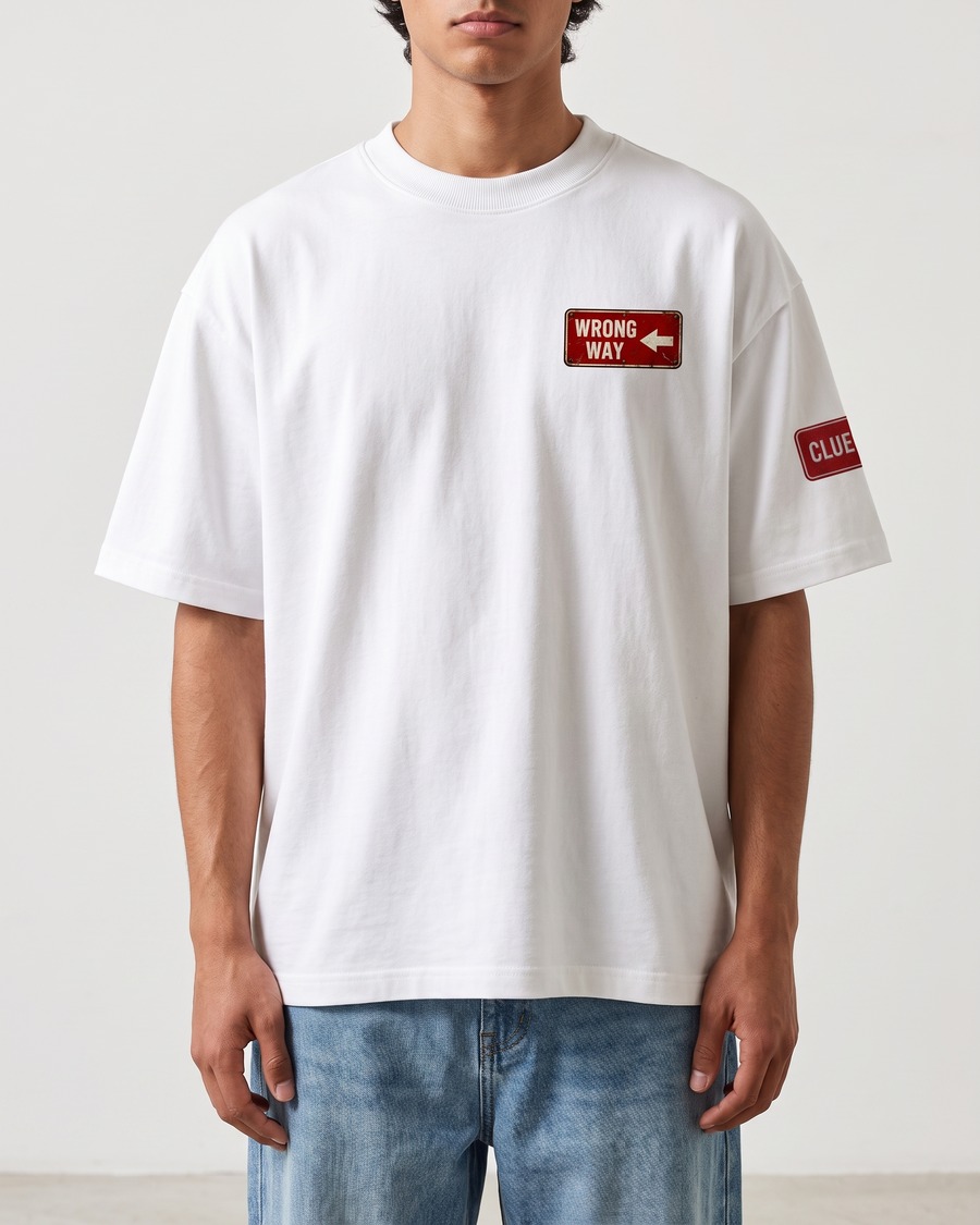 Wrong Way oversized tee in white, road sign chest badge and back print, view 1