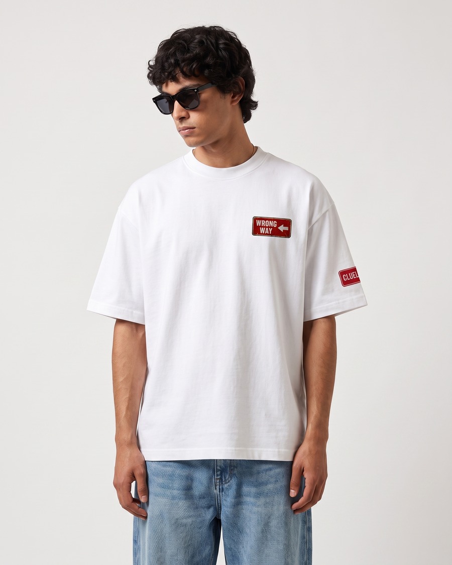Wrong Way oversized tee in white, road sign chest badge and back print, view 2