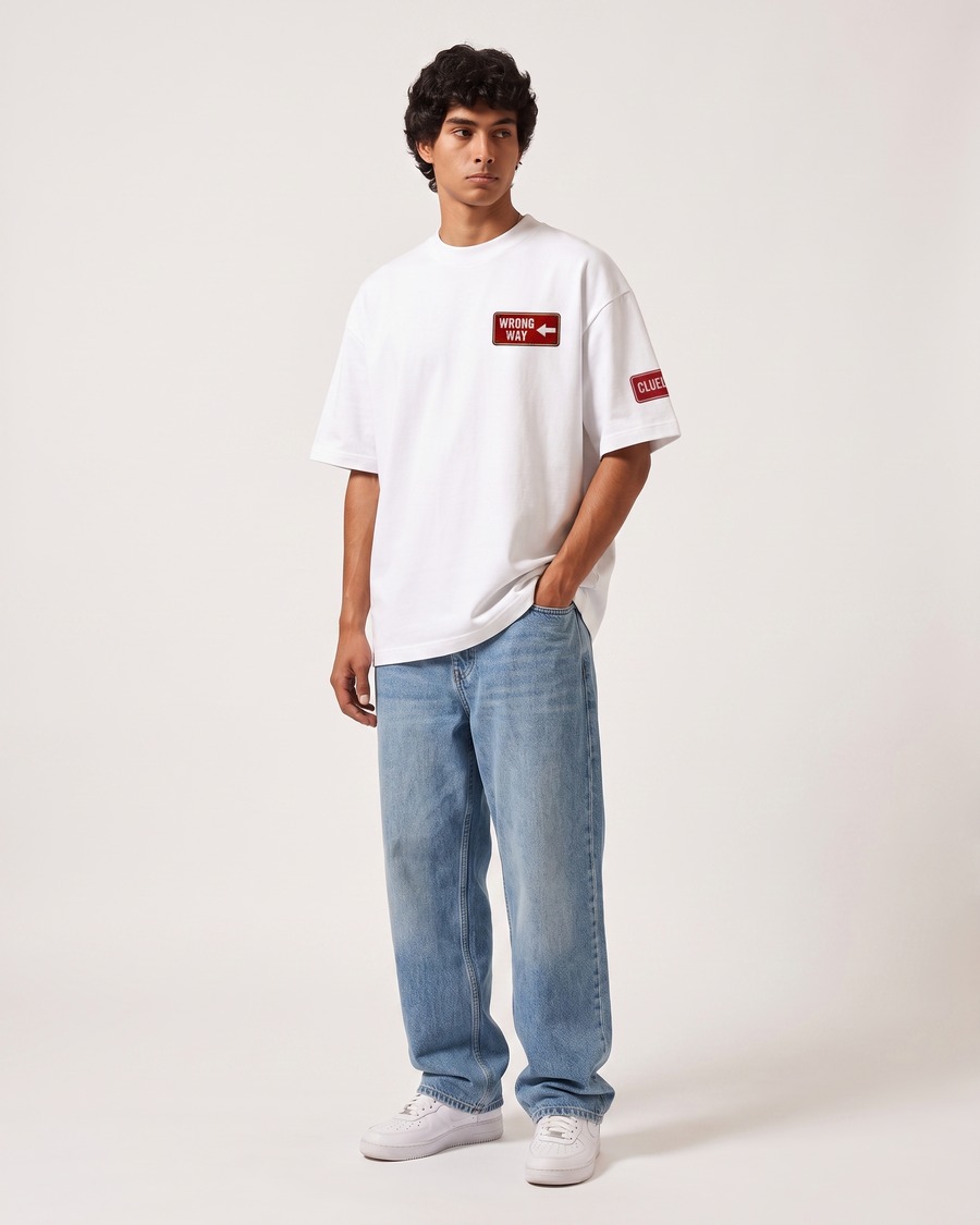 Wrong Way oversized tee in white, road sign chest badge and back print, view 3