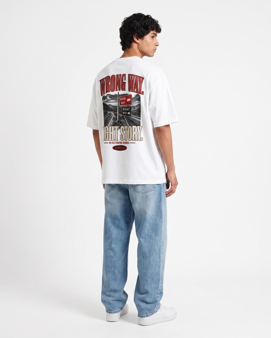 Wrong Way oversized tee in white, road sign chest badge and back print, view 4
