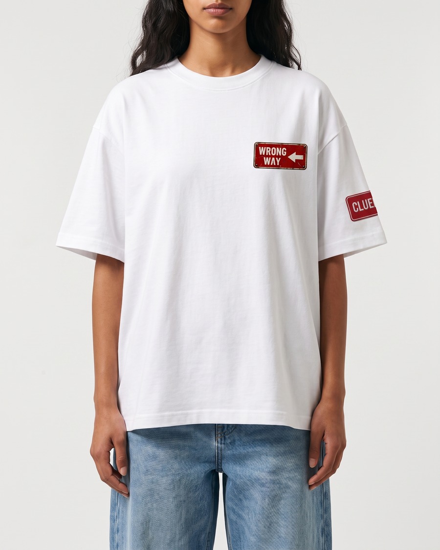 Wrong Way oversized tee in white, road sign chest badge and back print, view 5