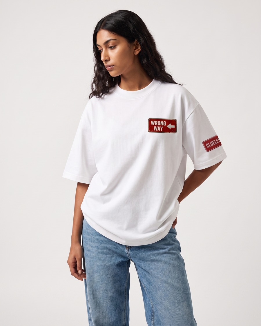 Wrong Way oversized tee in white, road sign chest badge and back print, view 6