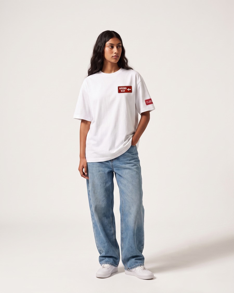 Wrong Way oversized tee in white, road sign chest badge and back print, view 7