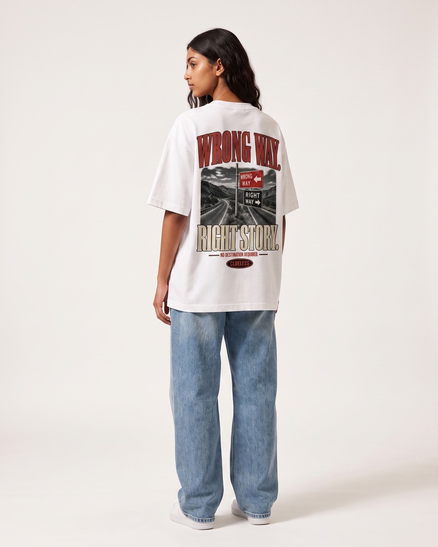 Wrong Way oversized tee in white, road sign chest badge and back print, view 8