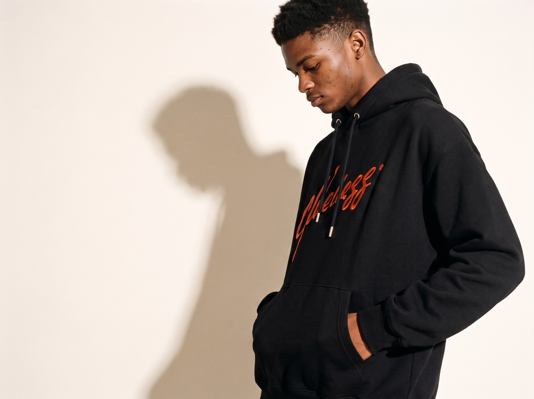 Model wearing the black Clueless oversized hoodie with the orange script print